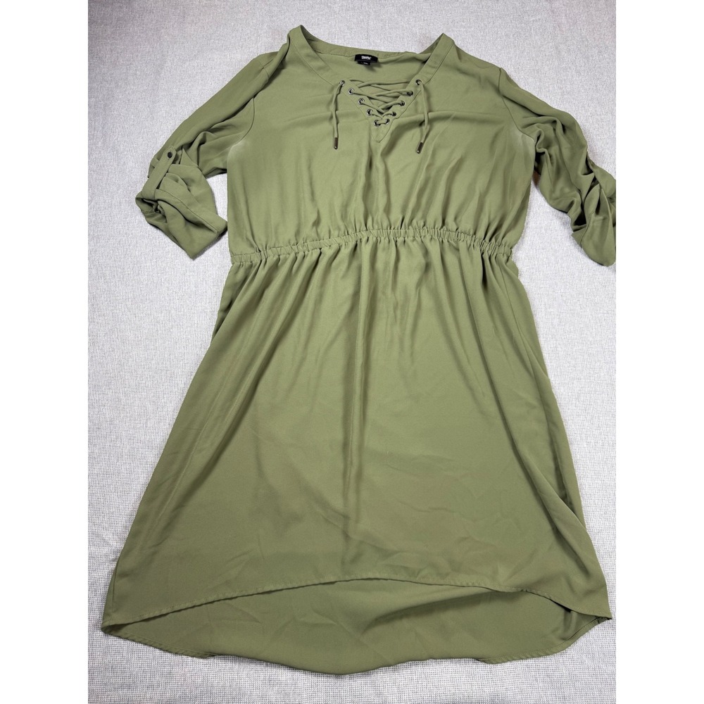 Mossimo Supply Co Olive Green Dress XL Lace Up V Neck Boho Roll Tab Sleeve
